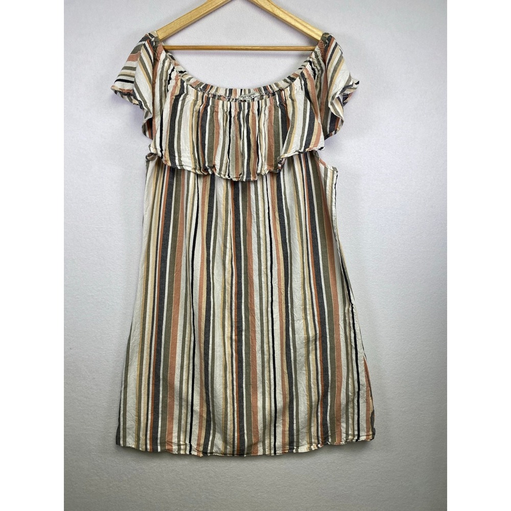 Boho Striped Ruffle Speed Control Women 3X Multicolor Off Shoulder Mini Dress